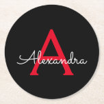 Porta-copo De Papel Redondo Monograma de Nome Feminino em Script Vermelho Pret<br><div class="desc">Aposentadorias de papel de monograma de script simples preto e vermelho. Isso faz o presente perfeito de formatura,  aniversário,  casamento,  chá de noiva,  aniversário,  chá de bebê ou festa de despedida de solteira para alguém que ama luxo glamoroso e estilos chiques.</div>
