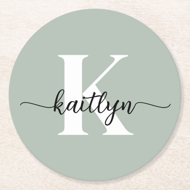 Porta-copo De Papel Redondo Monograma de Script Verde Sage (Frente)