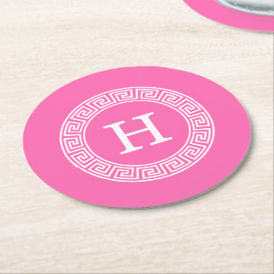 Porta-copo De Papel Redondo Monograma Inicial do Quadro-Chave Grego Rosa Quent