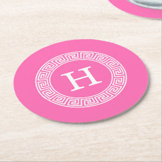 Porta-copo De Papel Redondo Monograma Inicial do Quadro-Chave Grego Rosa Quent