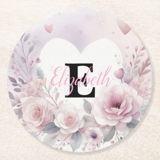 Porta-copo De Papel Redondo Monograma nome floral corações romântico aquarela