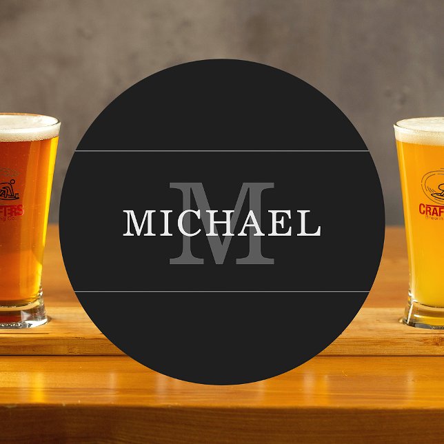 Porta-copo De Papel Redondo Monograma Preto Elegante Prata Nome Personalizado (Criador carregado)