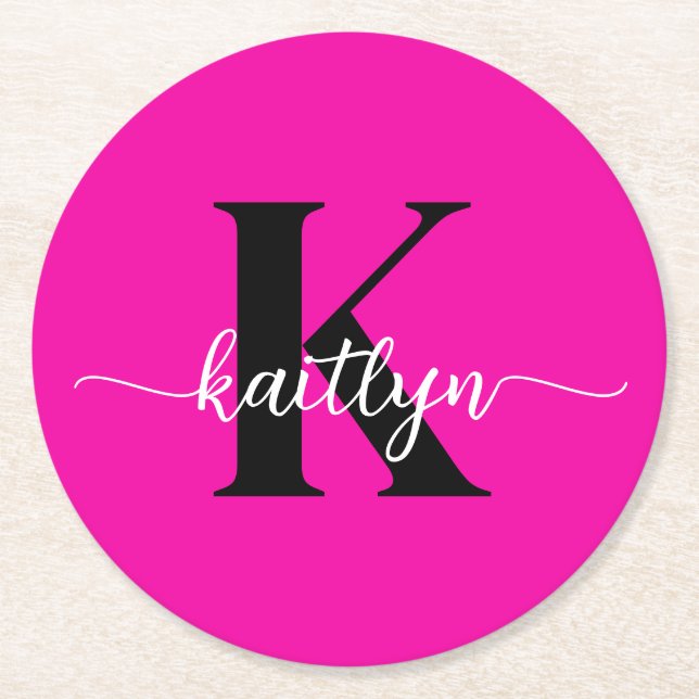 Porta-copo De Papel Redondo Monograma Preto Rosa Quente (Frente)