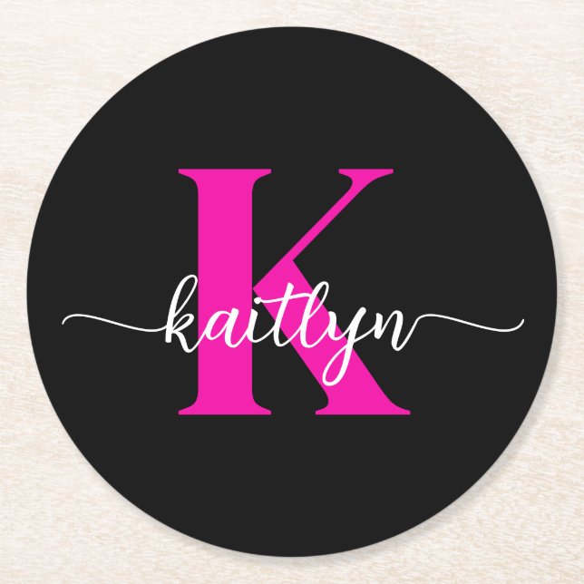 Porta-copo De Papel Redondo Monograma Rosa Preto (Frente)