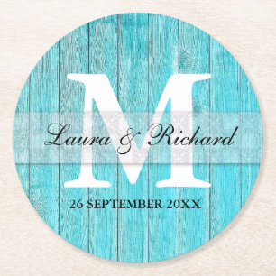 Porta-copo De Papel Redondo Monograma Rustic Turquoise Wood Country Casamento