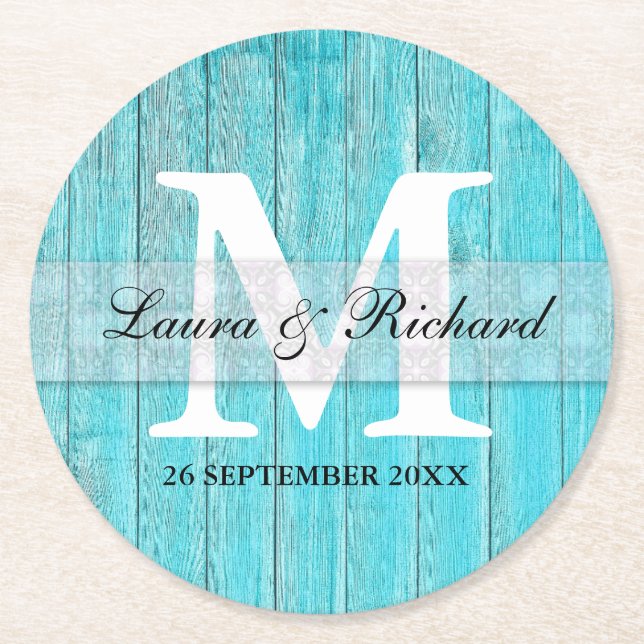 Porta-copo De Papel Redondo Monograma Rustic Turquoise Wood Country Casamento (Frente)