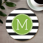 Porta-copo De Papel Redondo Monograma verde de padrão em branco e preto<br><div class="desc">Um design simples com uma área para monogramas. Se precisar ajustar o trabalho de arte ou alterar a fonte,  clique na área personalizar. Isso o levará à ferramenta design onde você pode fazer muitas mudanças.</div>