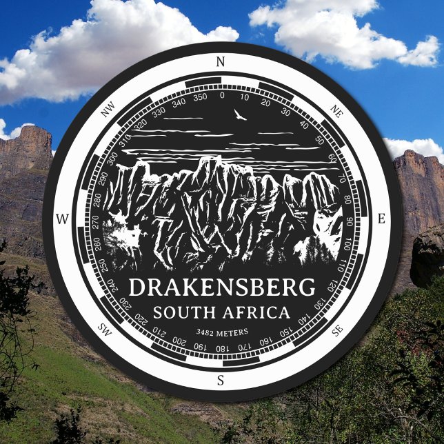 Porta-copo De Papel Redondo Montanhas Drakensberg - África do Sul (Drakensberg Mountains Coaster in Back with a white compass and mountain illustration)