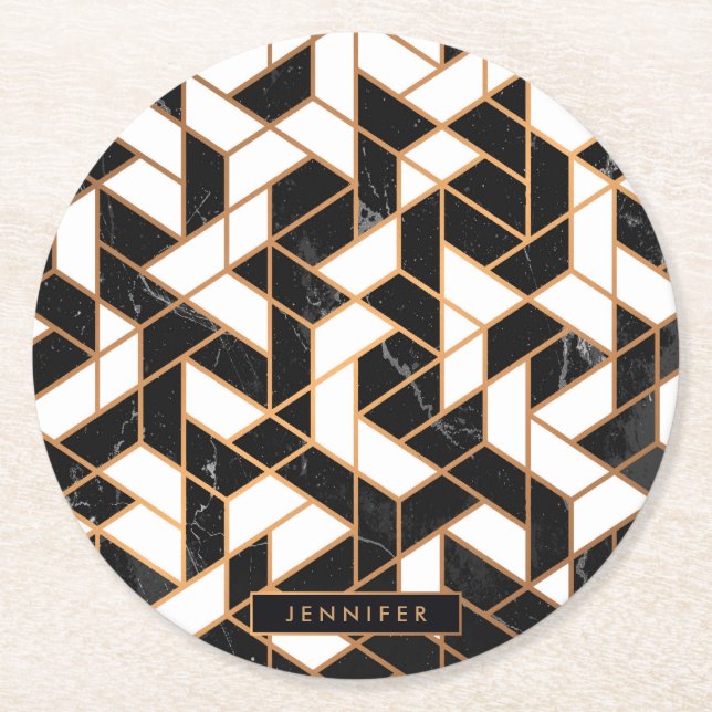 Porta-copo De Papel Redondo Mosaico do Mármore Preto e Branco (Frente)