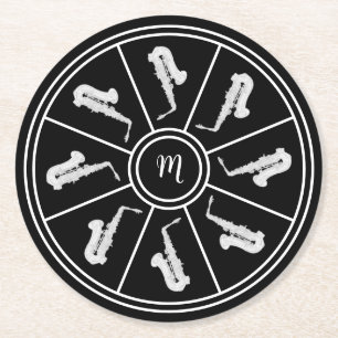 Porta-copo De Papel Redondo Motif preto e branco com saxofones e monograma