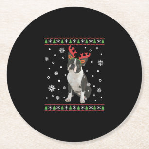Porta-copo De Papel Redondo Mulher Boston Terrier Xmas Ugly Christmas Sweater