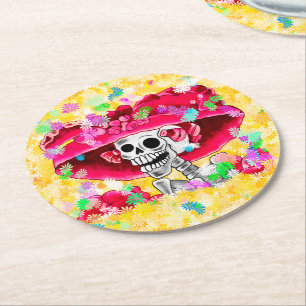 Porta-copo De Papel Redondo Mulher Esqueleto Rindo Dia De Los Muertos