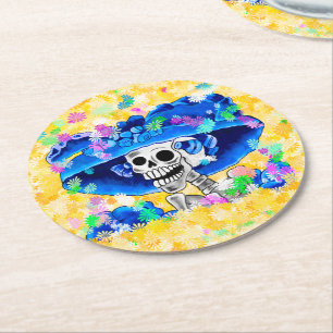 Porta-copo De Papel Redondo Mulher Esqueleto Risonha Dia De Los Muertos