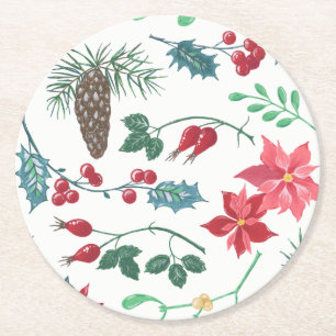 Porta-copo De Papel Redondo Natal Botânico tradicional (branco)