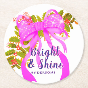 Porta-copo De Papel Redondo Natal com Fita Rosa Brilhante