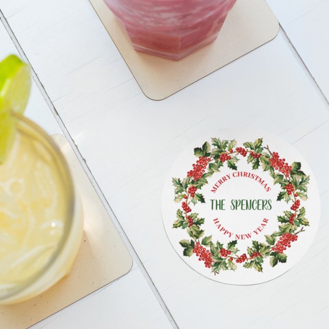Porta-copo De Papel Redondo Natal Holly Sai e Berries Feliz Natal (Criador carregado)