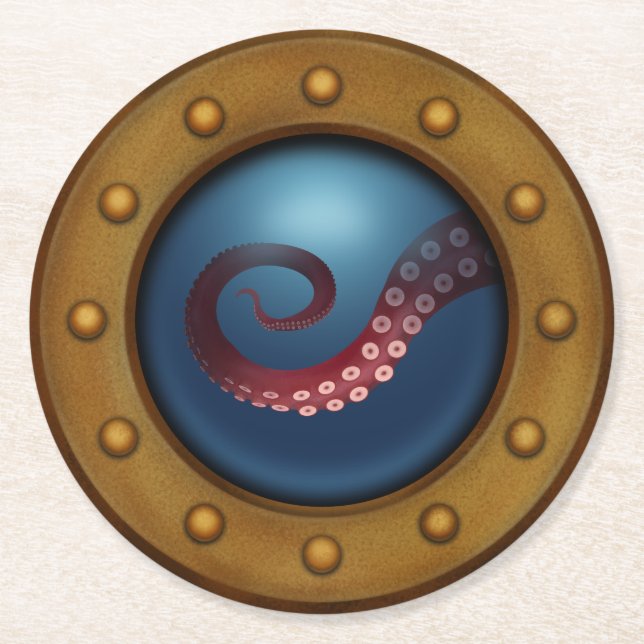 Porta-copo De Papel Redondo Navio Porthole Com Submarino Náutico Octopus (Frente)