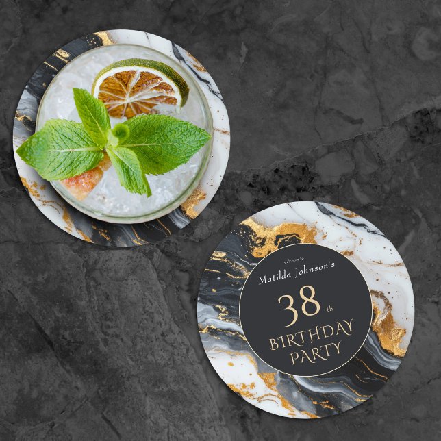 Porta-copo De Papel Redondo Negro e Dourado qualquer aniversário (Black and Gold Any Age Birthday Round Paper Coaster)