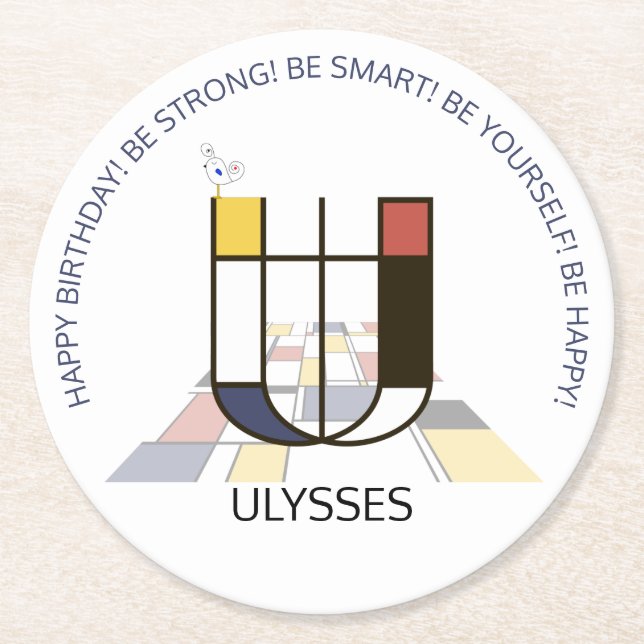 Porta-copo De Papel Redondo Neoplasticismo Art Monograma Legal. Letra U (Frente)