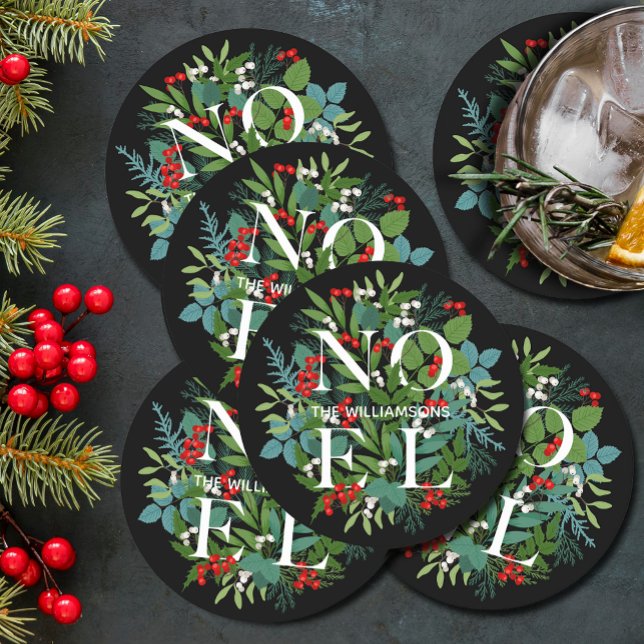 Porta-copo De Papel Redondo NoEL Berries Greenery Black Holiday (NOEL winter greenery and berries on black holiday round paper coasters)