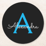 Porta-copo De Papel Redondo Nome de monograma feminino com escrita azul e pret<br><div class="desc">Alemãs pretas e azuis simples monograma nome papel. Isso torna o presente perfeito de formatura,  aniversário,  casamento,  chá de noiva,  aniversário de casamento,  chá de bebê ou festa de despedida de solteira para alguém que ama luxo glamoroso e estilos chiques.</div>