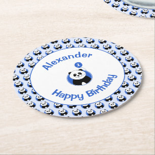 Porta-copo De Papel Redondo Nome do balão azul panda de 1º aniversário