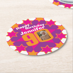 Porta-copo De Papel Redondo Nome do feliz aniversario 90 e portas copos de