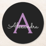 Porta-copo De Papel Redondo Nome do Monograma Girly de Script Preto Roxo<br><div class="desc">Portas copos de papel de nome de monograma de script simples preto e roxo. Isso faz a formatura perfeita,  aniversário,  casamento,  chá de panela,  aniversário,  chá de fraldas ou presente de festa de solteira para alguém que ama luxo de vidro e estilos quíticos.</div>