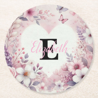Porta-copo De Papel Redondo Nome monograma floral corações romântico aquarela