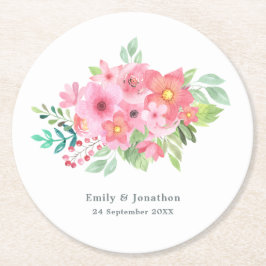 Porta-copo De Papel Redondo Nome Verde Floral Cor-de-Água Rosa Data Casamento