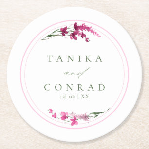 Porta-copo De Papel Redondo Nomes de Watercolor de Casamento de Flores Selvage