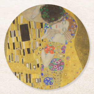 Porta-copo De Papel Redondo O Beijo, Pintura a Óleo Art Nouveau, Gustav Klimt