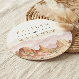 Porta-copo De Papel Redondo O Conjunto de Casamento Watercolor Desert Range -