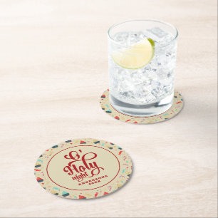 Porta-copo De Papel Redondo O Holly Nights Typografia e padrão de Natal