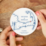 Porta-copo De Papel Redondo Ocean Edge Brewster MÃES Casamento com Cabo Cod<br><div class="desc">Felicidades para o excelente de tempo em Cape Cod na sua celebração do casamento costeiro em Brewster com essas portas copos de papel de mapa de Cabo Cod azul personalizadas e marinho. Portas copos de papel perfeitamente personalizadas para o seu assar, Festa de noivado, festa de boas-vindas, hora de coquetel...</div>