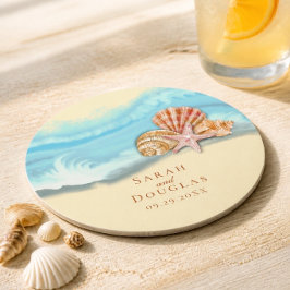 Porta-copo De Papel Redondo Onda Azul Romântica do Oceano e Casamento de Conch