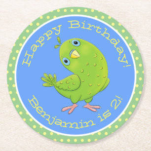 Porta-copo De Papel Redondo Óptica de desenho animado de periquito, verde e bo