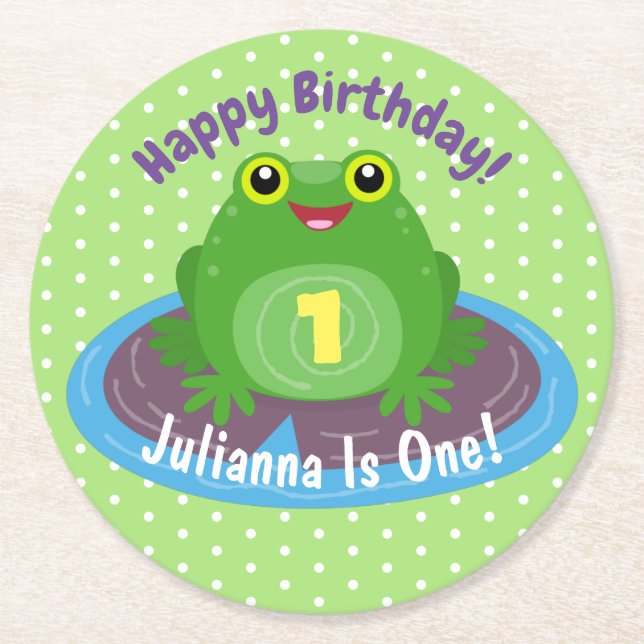 Porta-copo De Papel Redondo Óptica ilustração do desenho do sapo verde kawaii  (Frente)