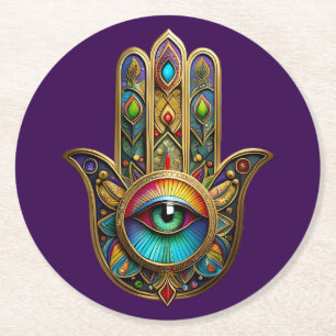 Porta-copo De Papel Redondo Ornate Dourado Colorido Hamsa Verde no Terceiro Ol