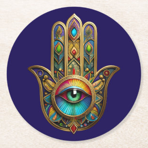 Porta-copo De Papel Redondo Ornato Hamsa Colorido Dourado Terceiro Olho Verde
