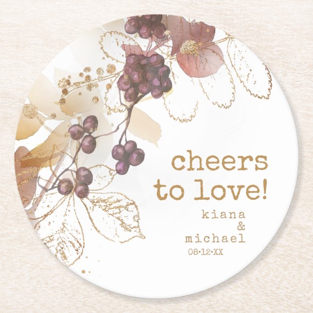 Porta-copo De Papel Redondo Ouro Autumn Wedding Berries Cheers to Love ID655 (Frente)