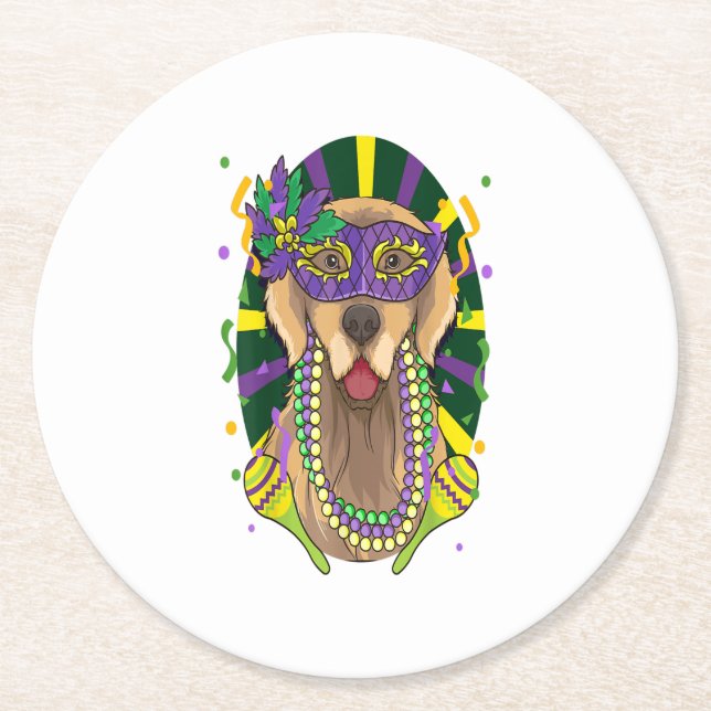 Porta-copo De Papel Redondo Ouro Retriever Mardi Gras Dog (Frente)