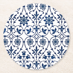 Porta-copo De Papel Redondo Padrão azul-marinho ornamentado sobre branco