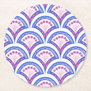 Porta-copo De Papel Redondo padrão de damasco floral azul