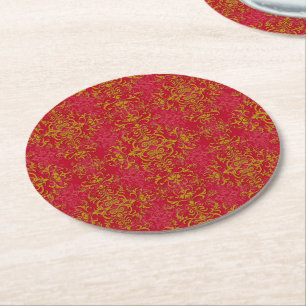 Porta-copo De Papel Redondo Padrão de damasco floral em dourado elegante e ros