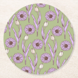 Porta-copo De Papel Redondo Padrão de Flor de Hippie Funky Y2K Retro Roxo Verd