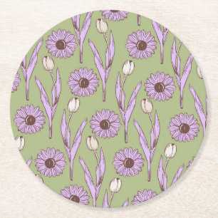 Porta-copo De Papel Redondo Padrão de Flor de Hippie Funky Y2K Retro Roxo Verd