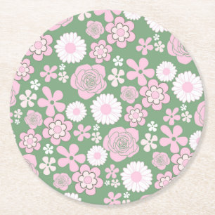 Porta-copo De Papel Redondo Padrão de Flor Y2K 70s - Cor-de-rosa Verde