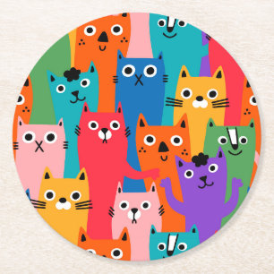 Porta-copo De Papel Redondo Padrão de gatos coloridos