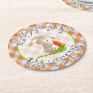 Porta-copo De Papel Redondo Padrão de Gingham Laranja Coelho Felz pascoa Hopp